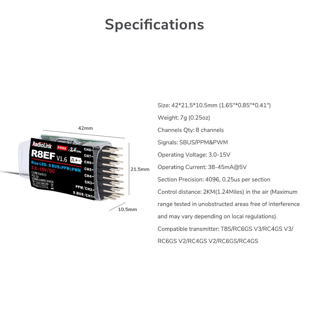 Radiolink R8EF Receiver 2.4G 8 - Receiver Sbus 8Ch avaliação e preço